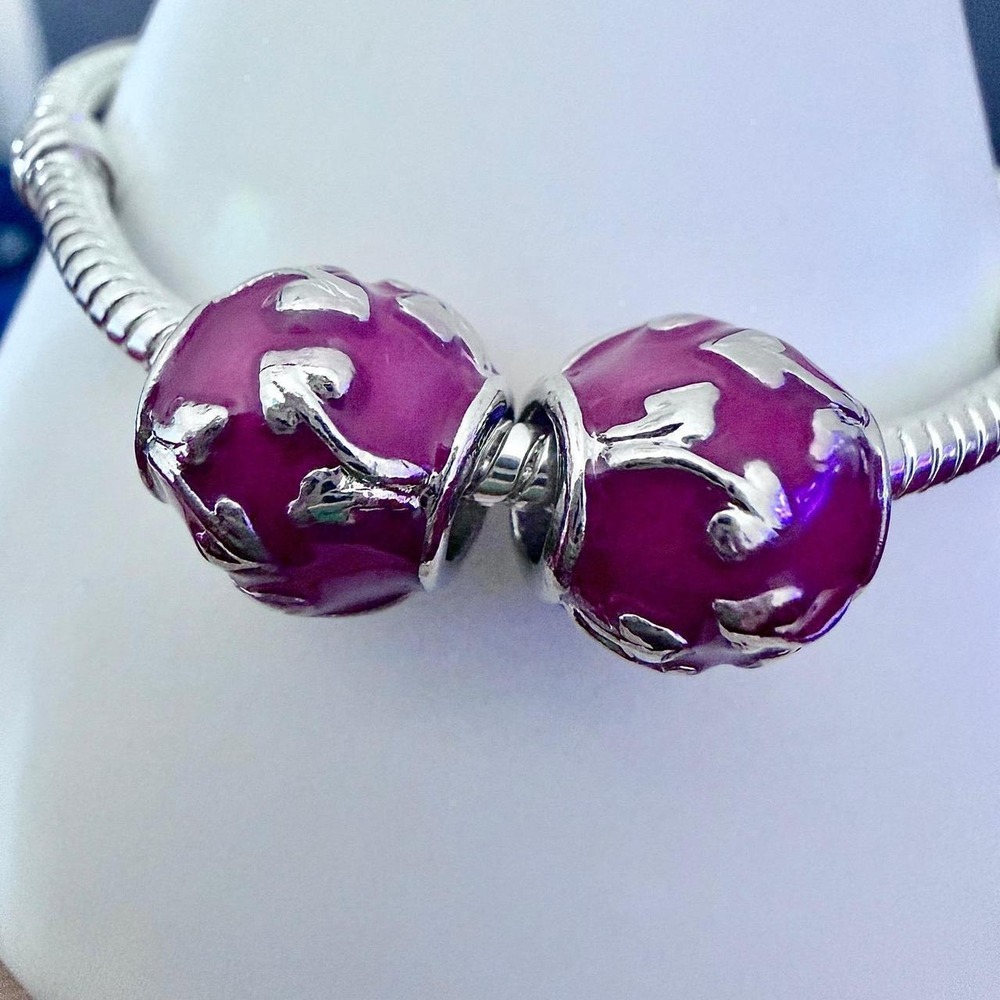 Pandora-like Silver Bead Charm Fits Snake Chain Bracelet Purple Enamel Leaf